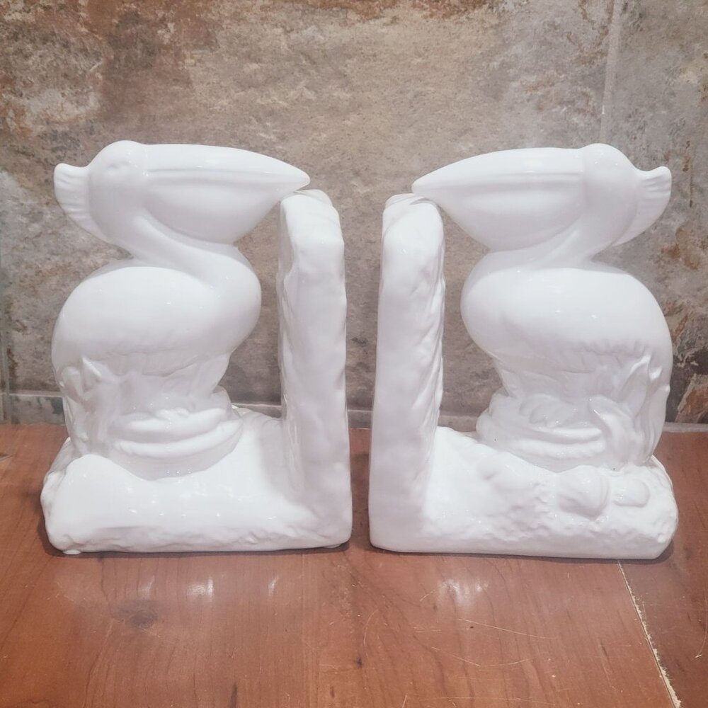 Pair Ceramic Pelican Bird on Base Bookends Gloss Finish White